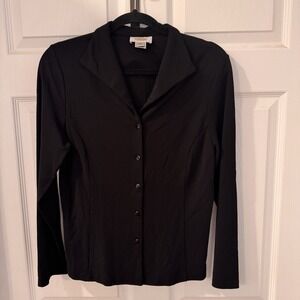 Talbots Womens Shirt Jacket Collared‎ Button Up Black Stretch Slinky Sz M petite